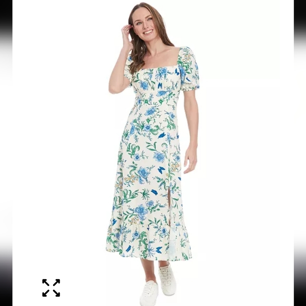 London Times Linen Blend Floral-Print Puff-Sleeve Midi Dress Sz 12 Smocked Back